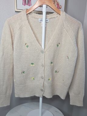 Cotton Emporium Cream V-Neck Embroidered Button Cardigan